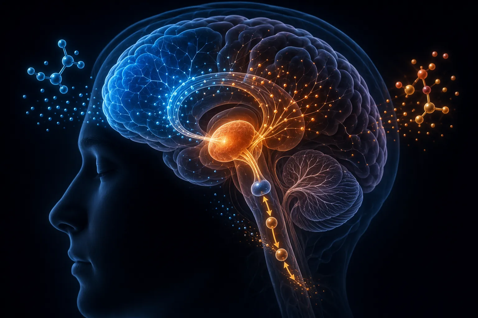 Brain silhouette highlighting the amygdala, prefrontal cortex, HPA-axis pathway, and GABA-glutamate signaling imbalance