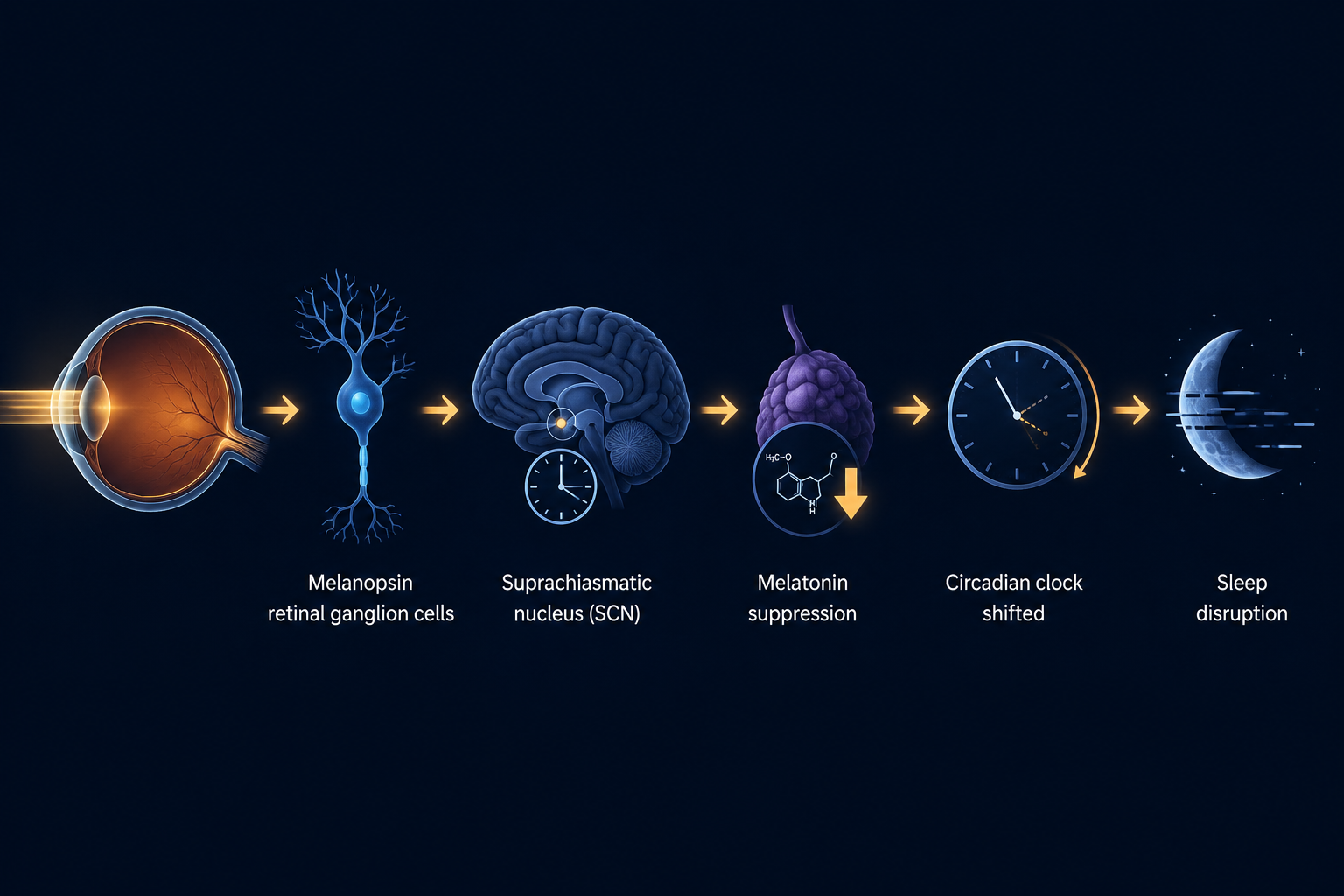 Diagram showing light entering the eye, signaling through melanopsin retinal cells to the circadian clock, suppressing melatonin and disrupting sleep