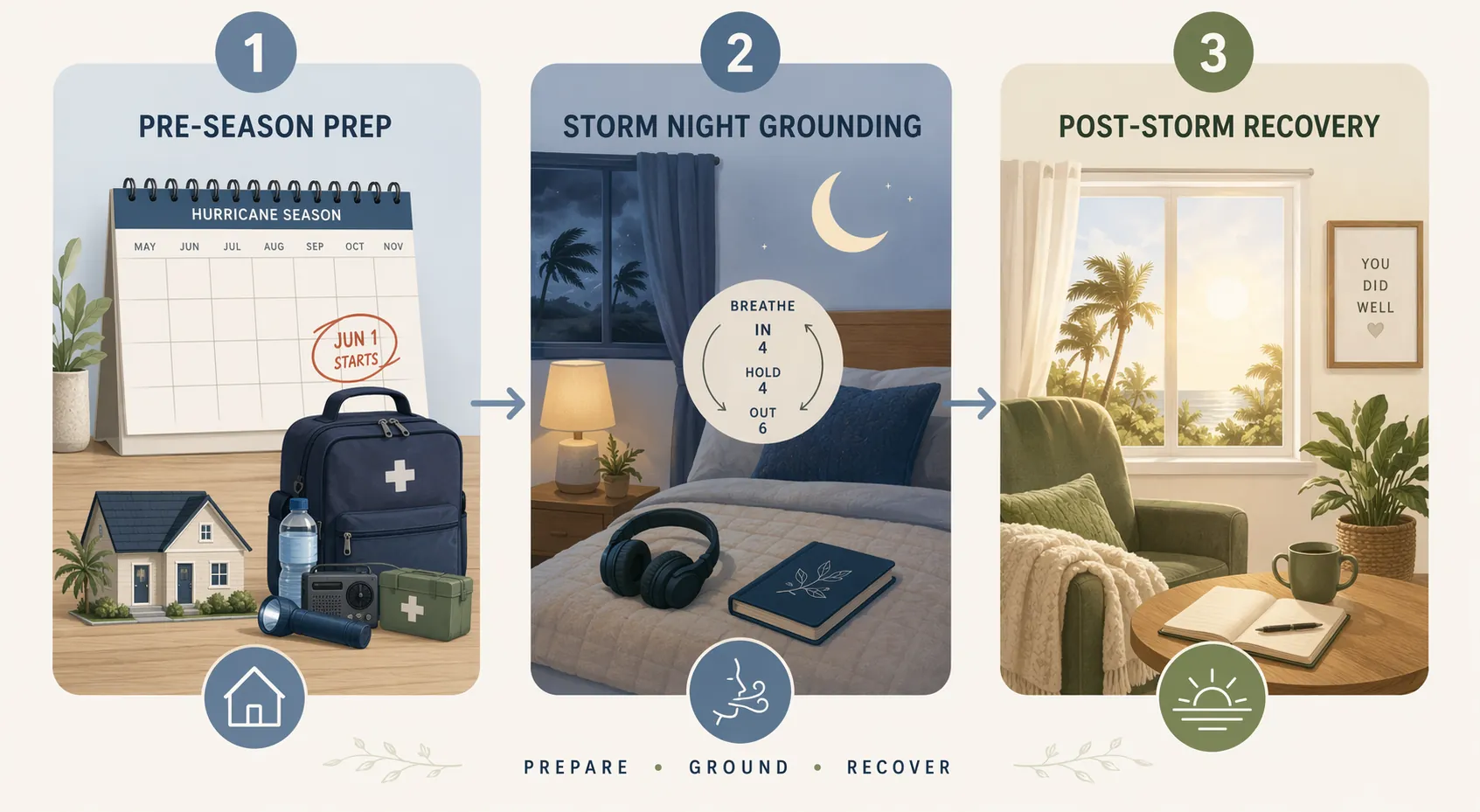 Infographic showing pre-season preparation, storm night grounding, and post-storm recovery