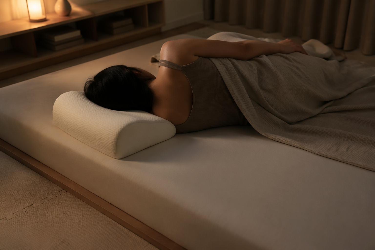 Person sleeping on their side in a low bed with a firm pillow and padded flooring nearby