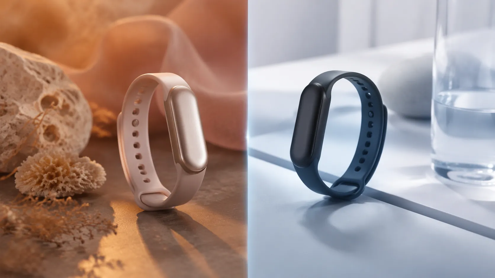 Two screenless fitness tracker wristbands shown with warm fluctuating-energy lighting on one side and cool structured-recovery lighting on the other