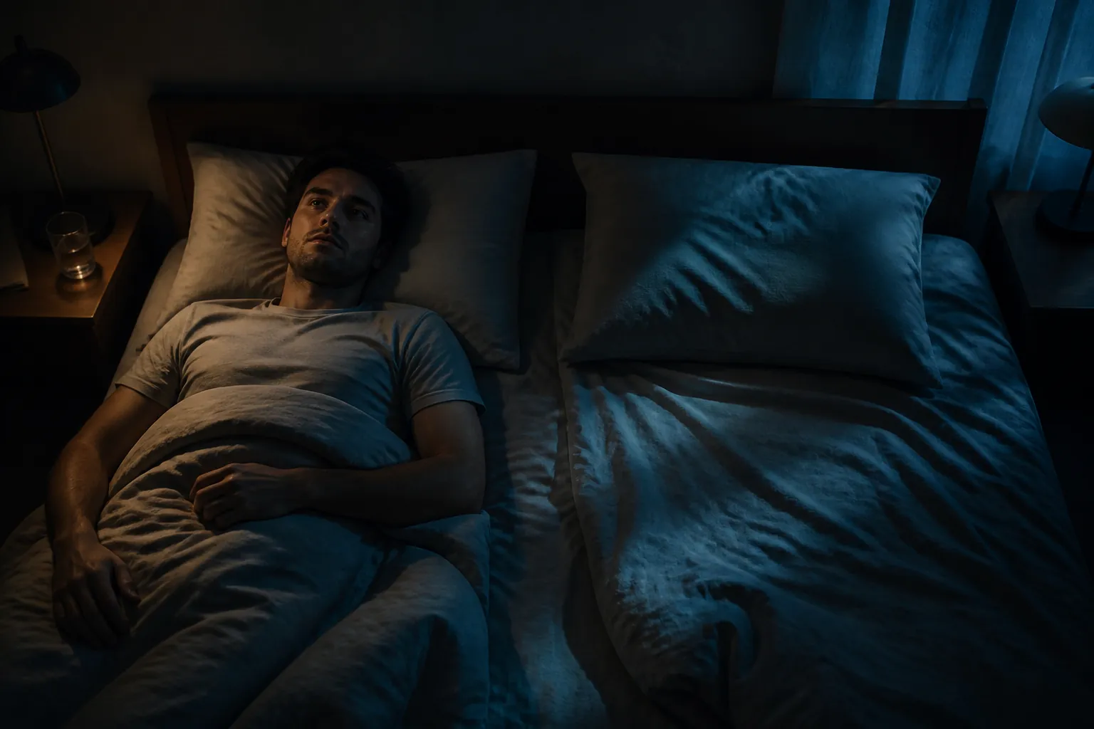 A tired person lying awake in a double bed while the other side remains empty