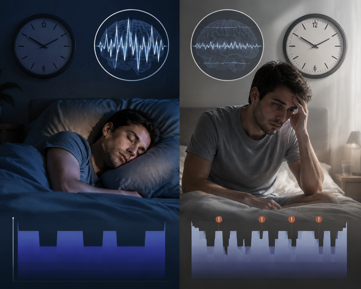 Comparison of two eight-hour sleep nights, one deeper and continuous and one lighter and fragmented with less delta activity