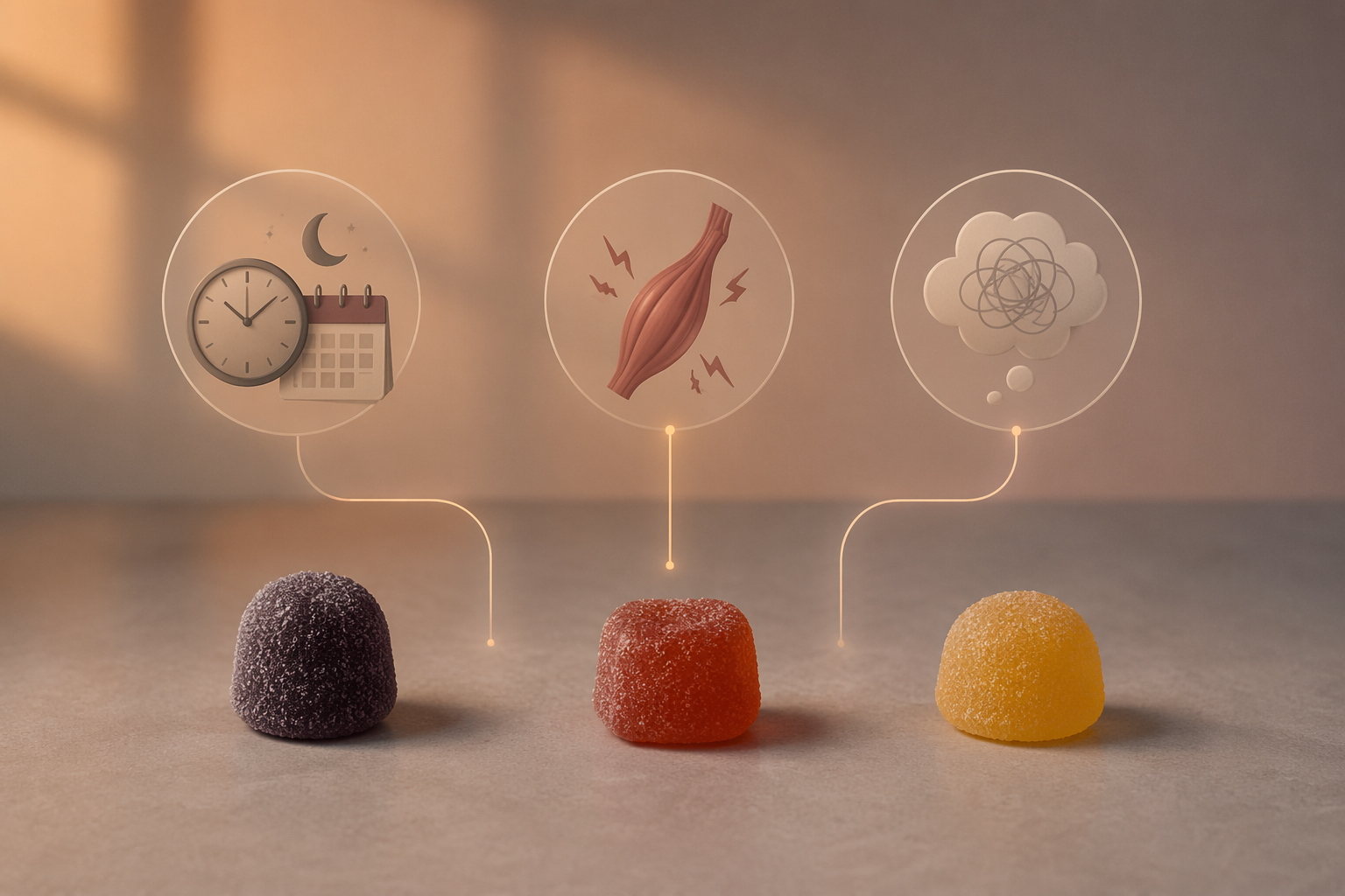 Three colored gummies paired with symbols for a clock, muscle tension, and anxious thoughts