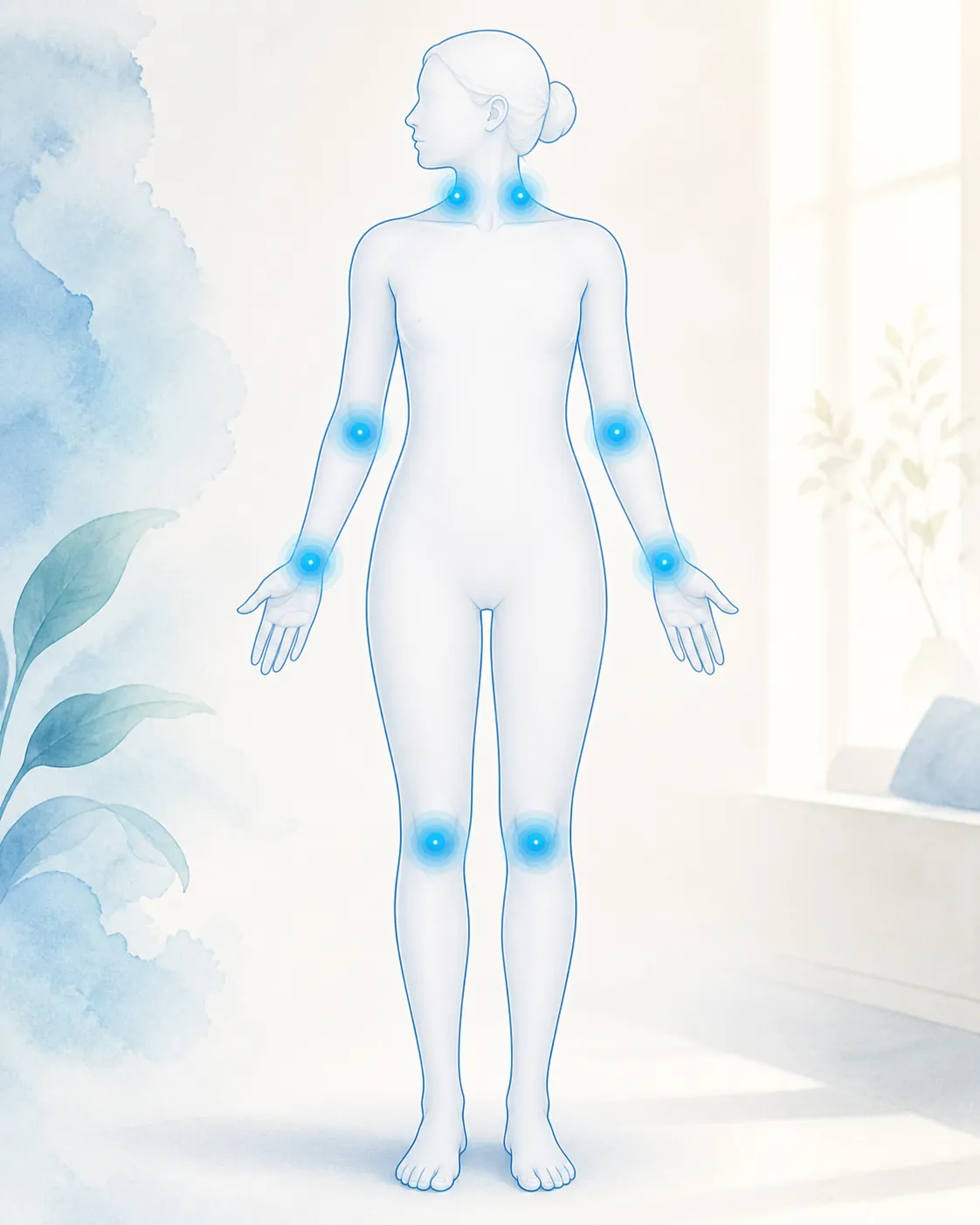Medical-style illustration showing cooling pulse points at the neck, inner elbows, wrists, and behind the knees