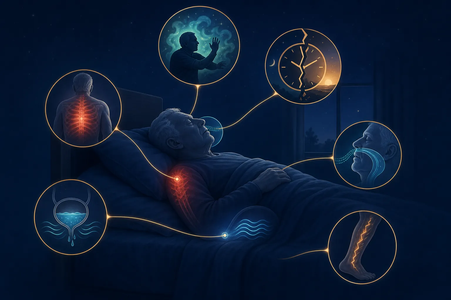 Sleeping elderly person surrounded by icons representing pain, incontinence, restless legs syndrome, sleep apnea, REM sleep behavior disorder, and circadian rhythm disruption