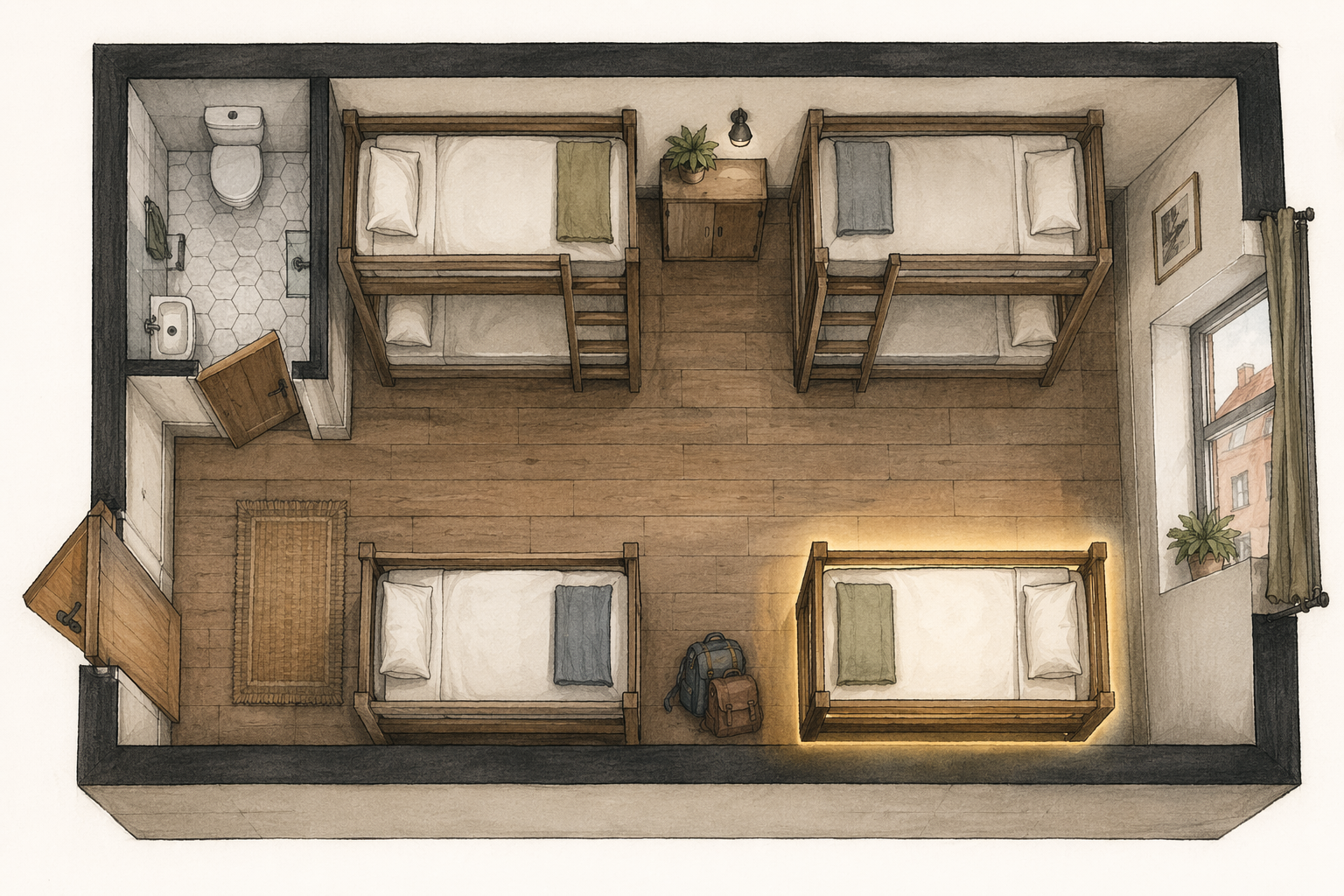 Floor plan of a hostel dorm highlighting a bottom bunk away from the door and bathroom