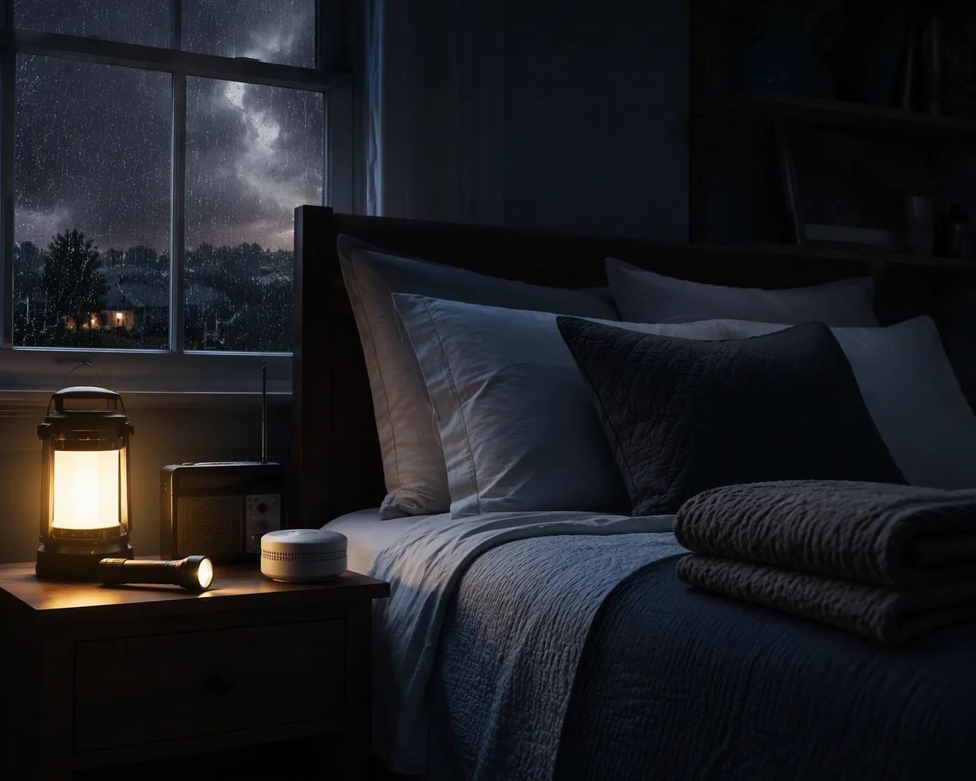 Darkened storm-night bedroom with layered bedding, a battery lantern, radio, flashlight, and carbon monoxide detector
