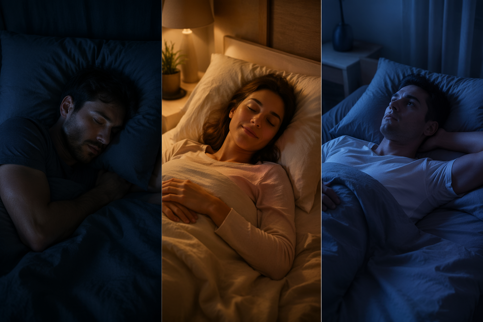 Three sleep-onset zones showing fast sleep, calm normal sleep onset, and prolonged wakefulness in bed