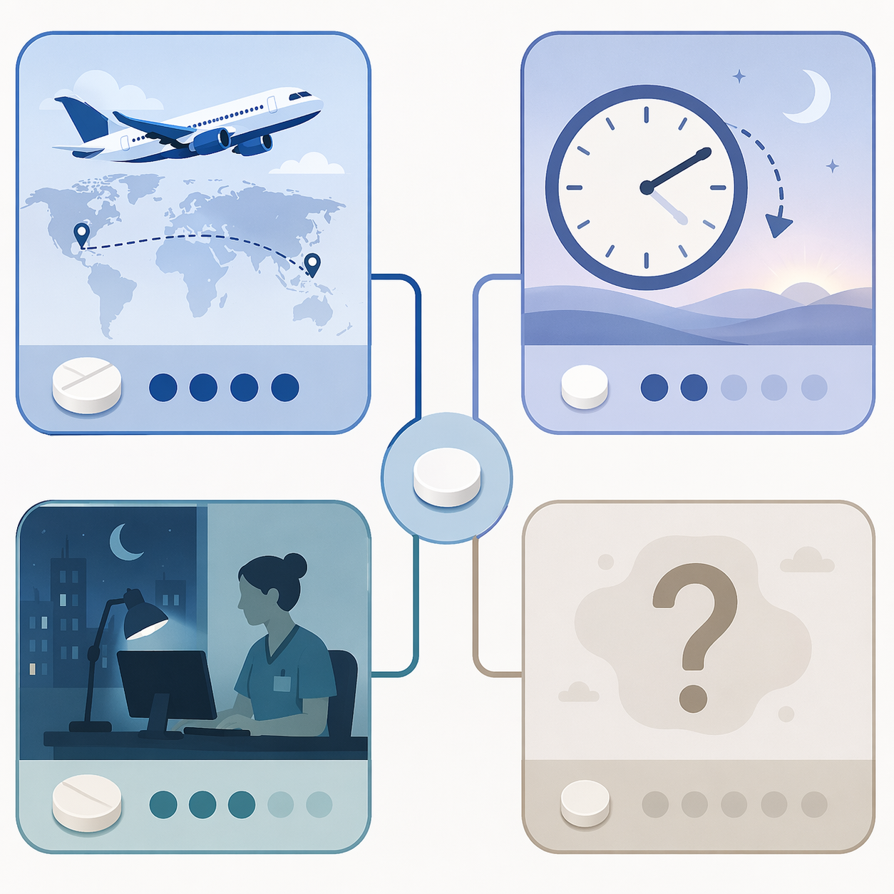 Branching visual showing travel, phase shift, night work, and an unclear sleep problem