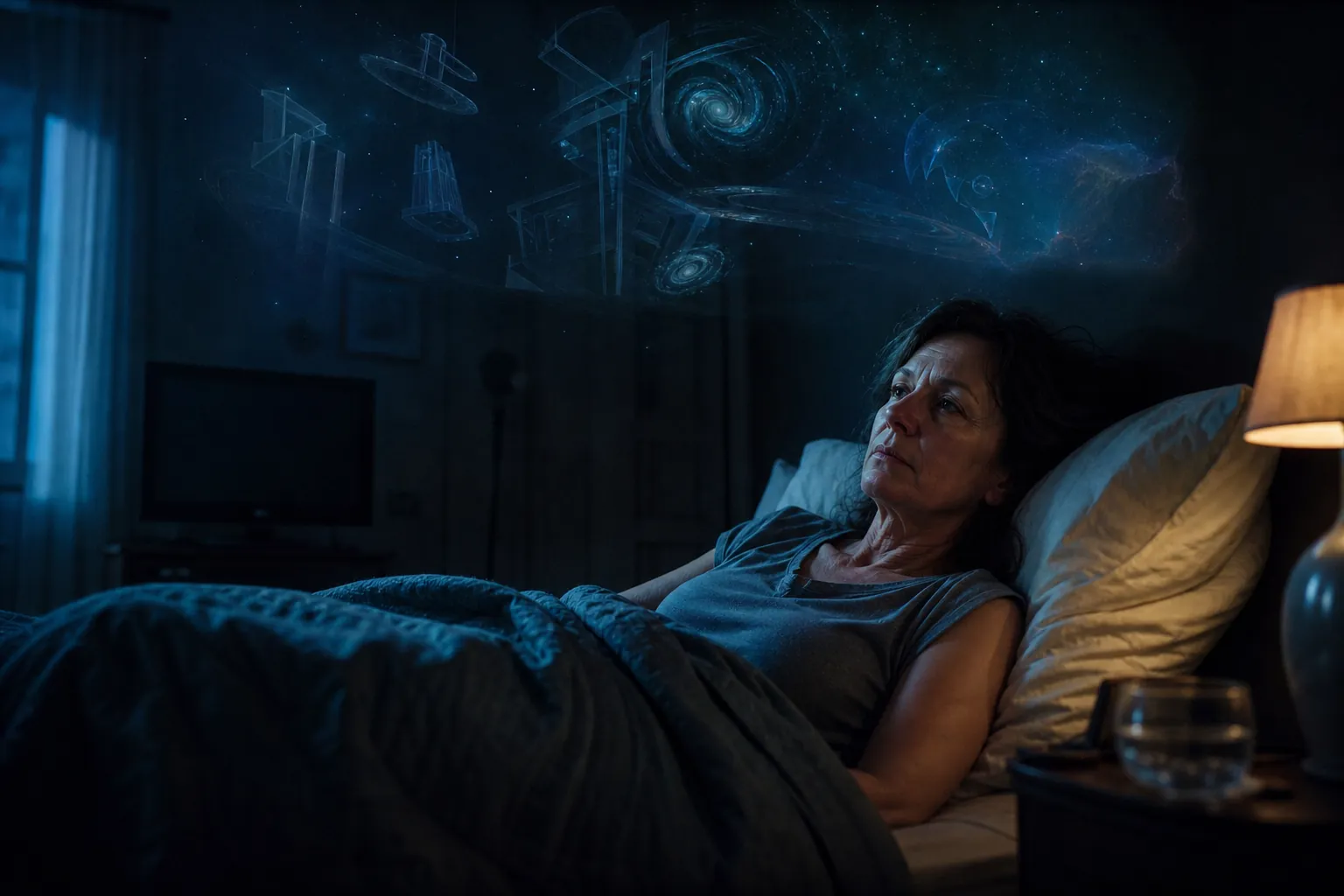 A woman lying awake at night with sci-fi imagery hovering above her bed