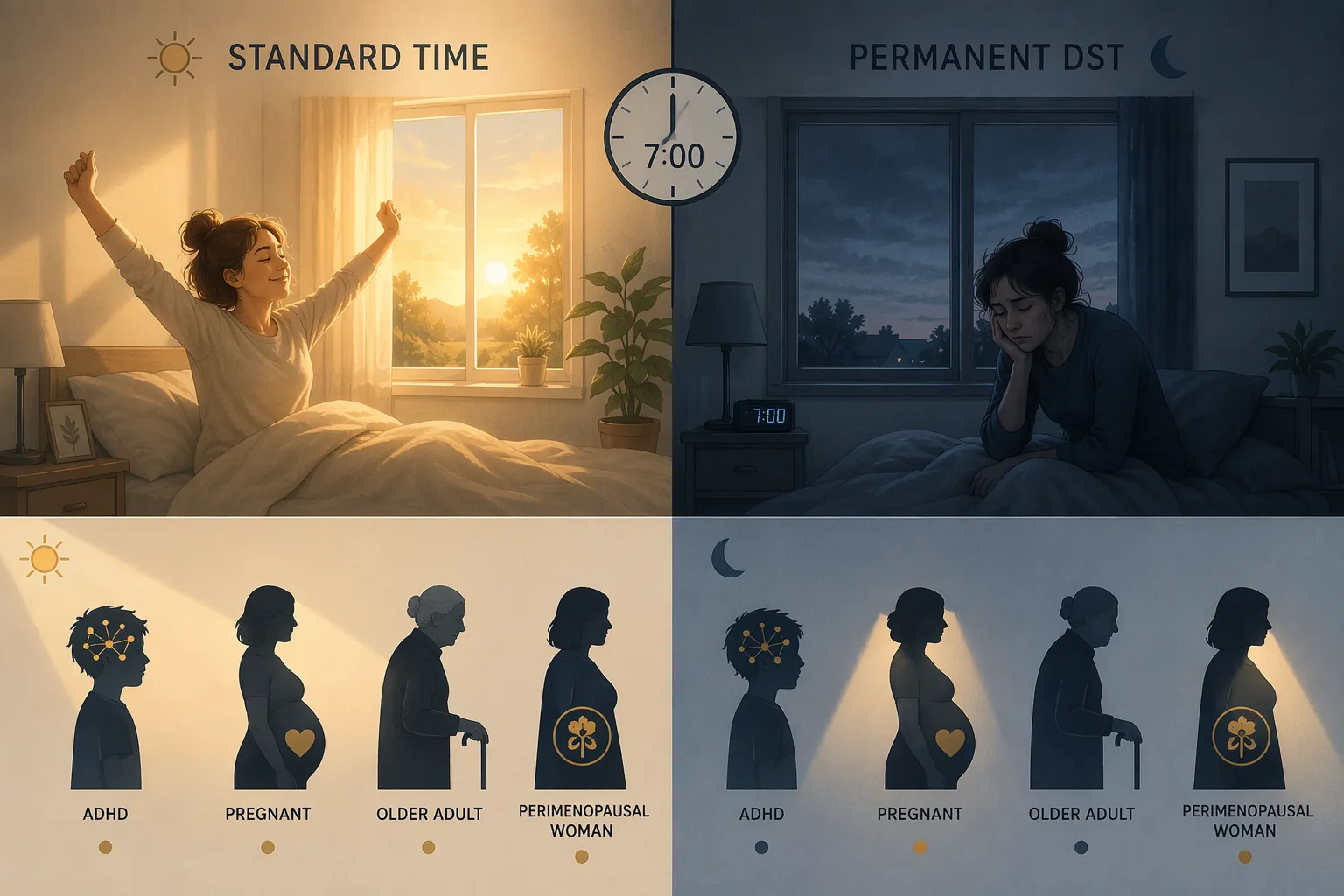 Split illustration comparing standard time morning light with darker permanent daylight saving time morning conditions for ADHD, pregnancy, older adulthood, and perimenopause