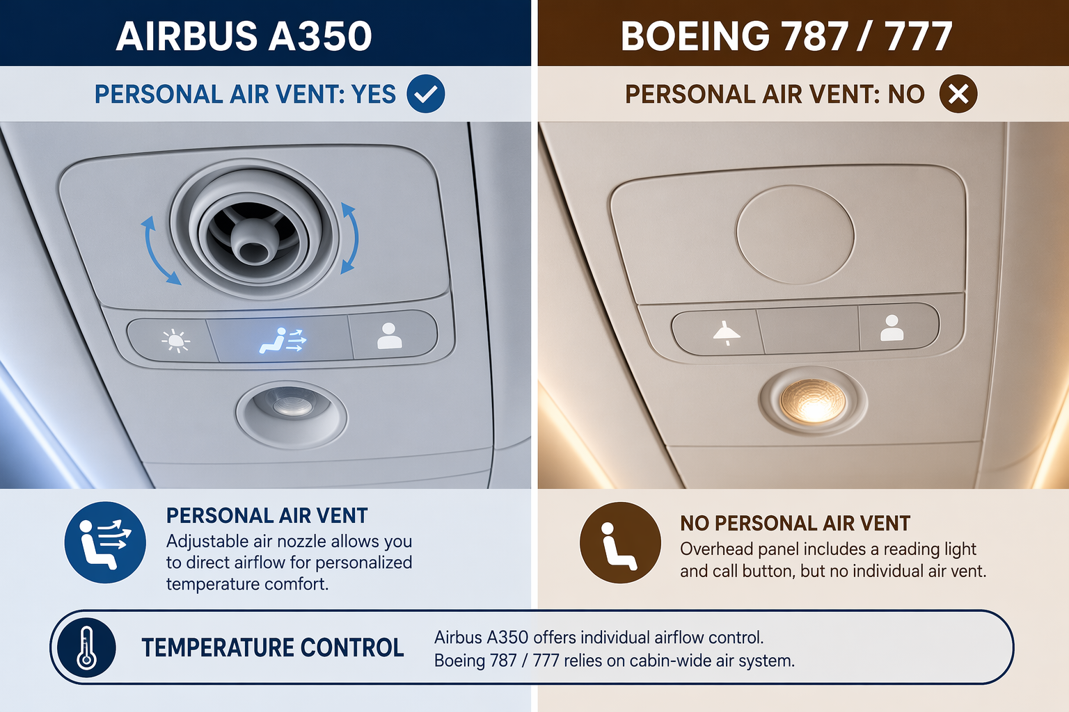Comparison of an aircraft overhead panel with a personal air vent and one without a personal air vent