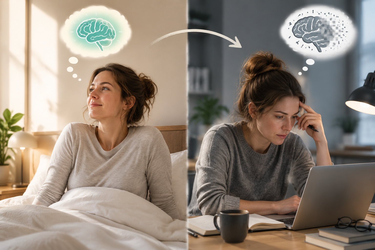 Split illustration of a person feeling rested in bed while a working brain remains partly disrupted