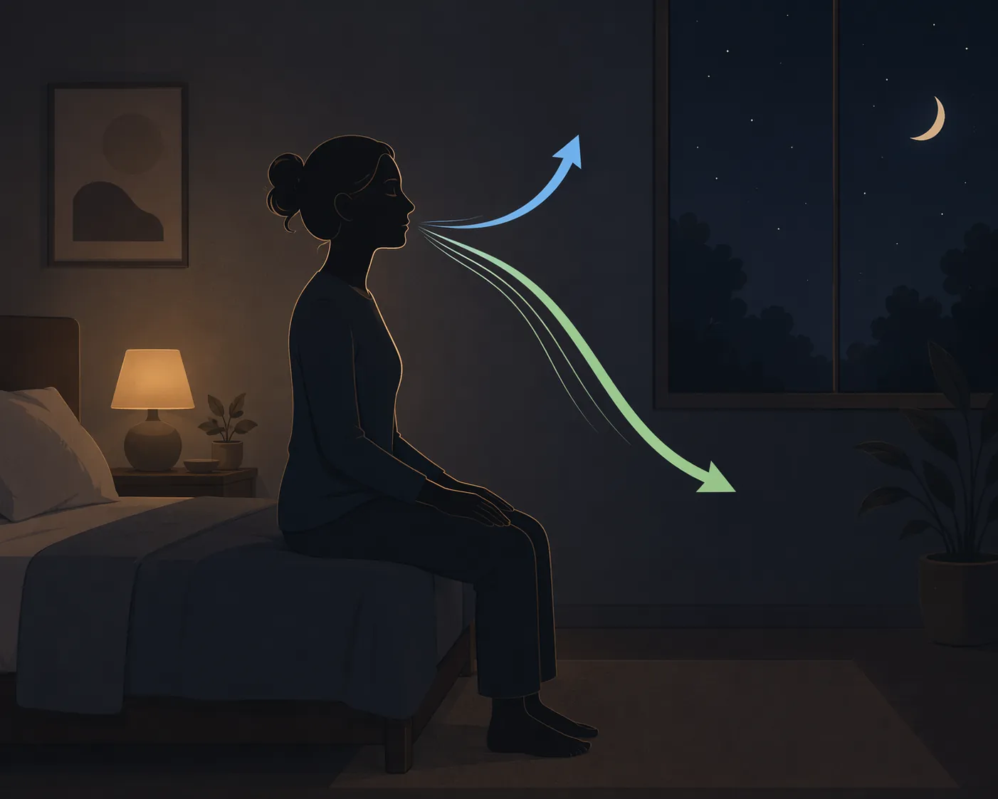 An illustration of a person sitting on a bed using a breathing pattern with a longer exhale
