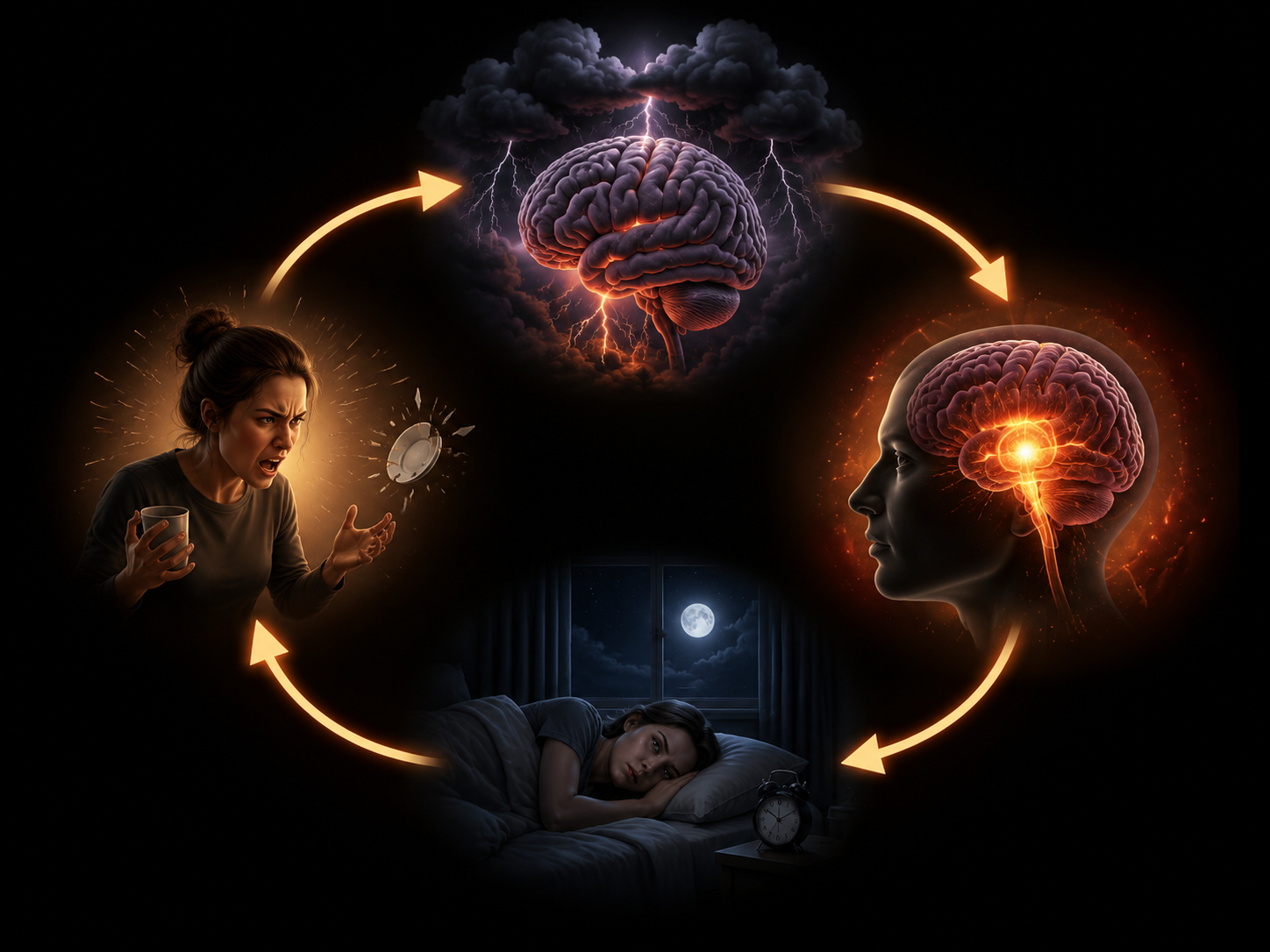 A circular feedback loop showing emotional breakdown, hyperarousal, poor sleep, and a lowered stress threshold reinforcing one another