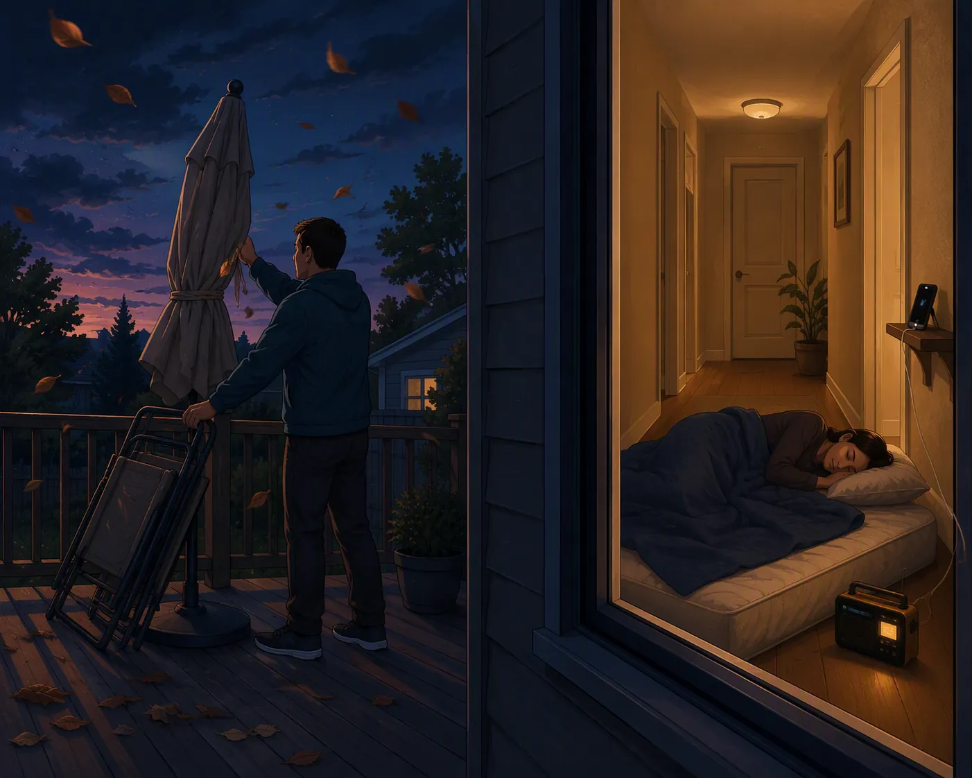 Person securing patio furniture before bed while another person sleeps in an interior hallway with a phone and weather radio nearby