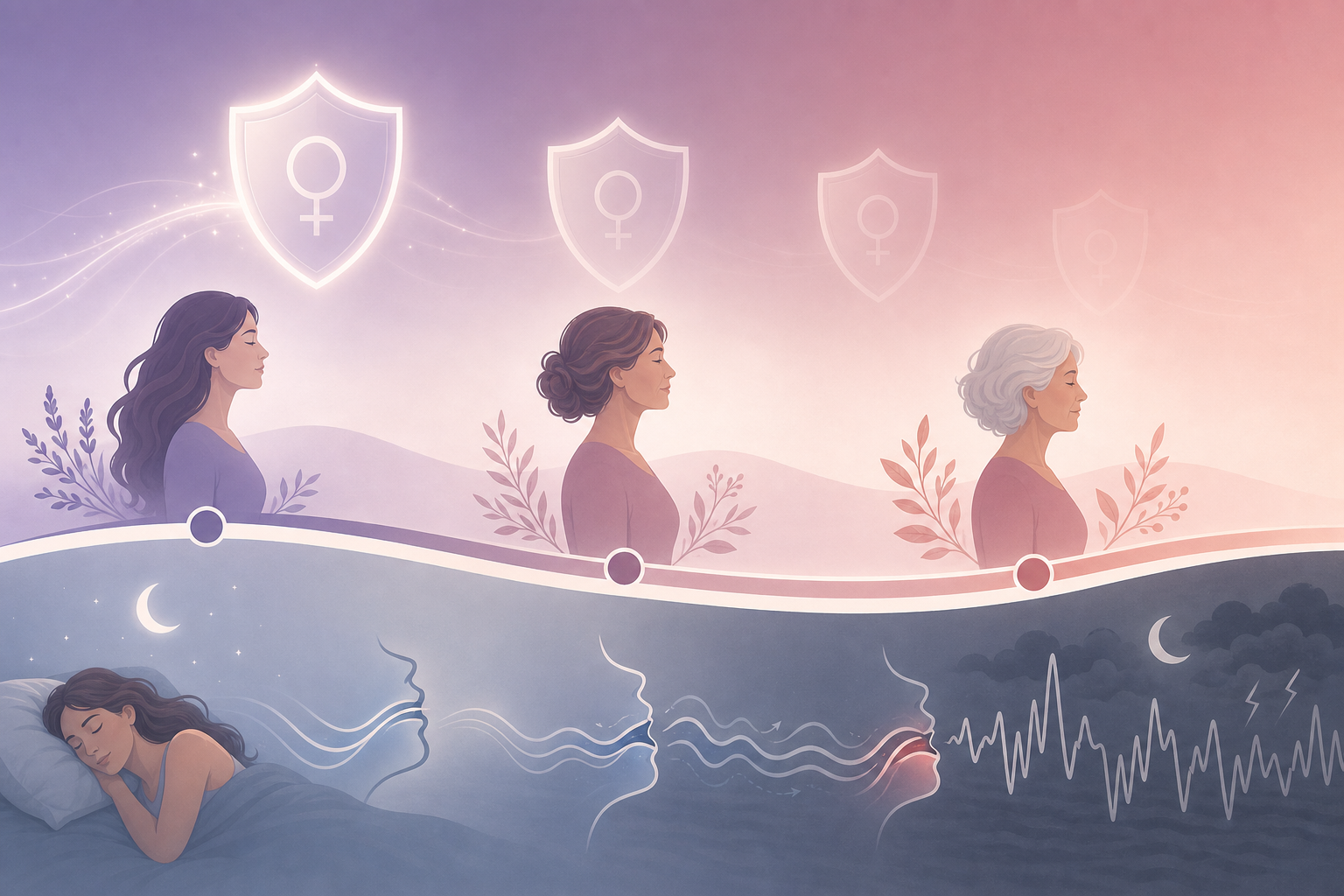 An editorial illustration showing the female hormonal lifespan as a flowing timeline through premenopause, perimenopause, and postmenopause, with a fading shield symbol representing declining hormonal airway protection.