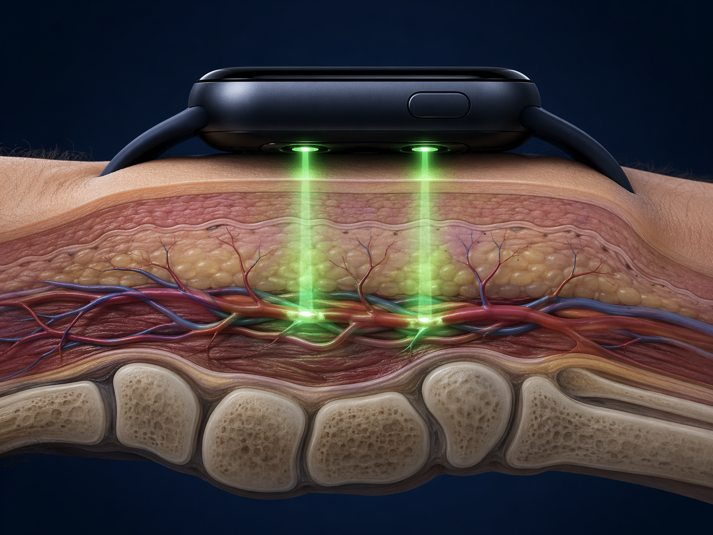 Smartwatch LEDs measuring blood flow in a wrist cross-section