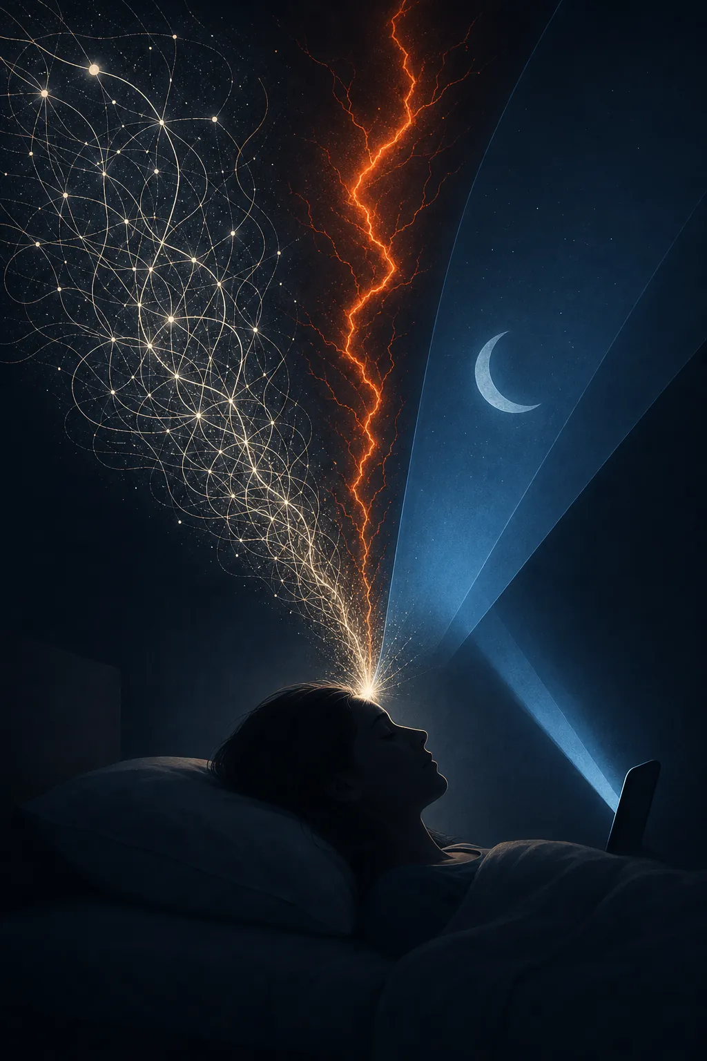 Conceptual illustration of cognitive arousal, cortisol reactivity, and blue screen light converging on a woman in bed