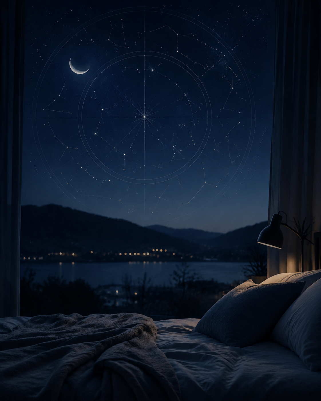 Bed at night with a crescent moon and subtle constellation patterns outside the window