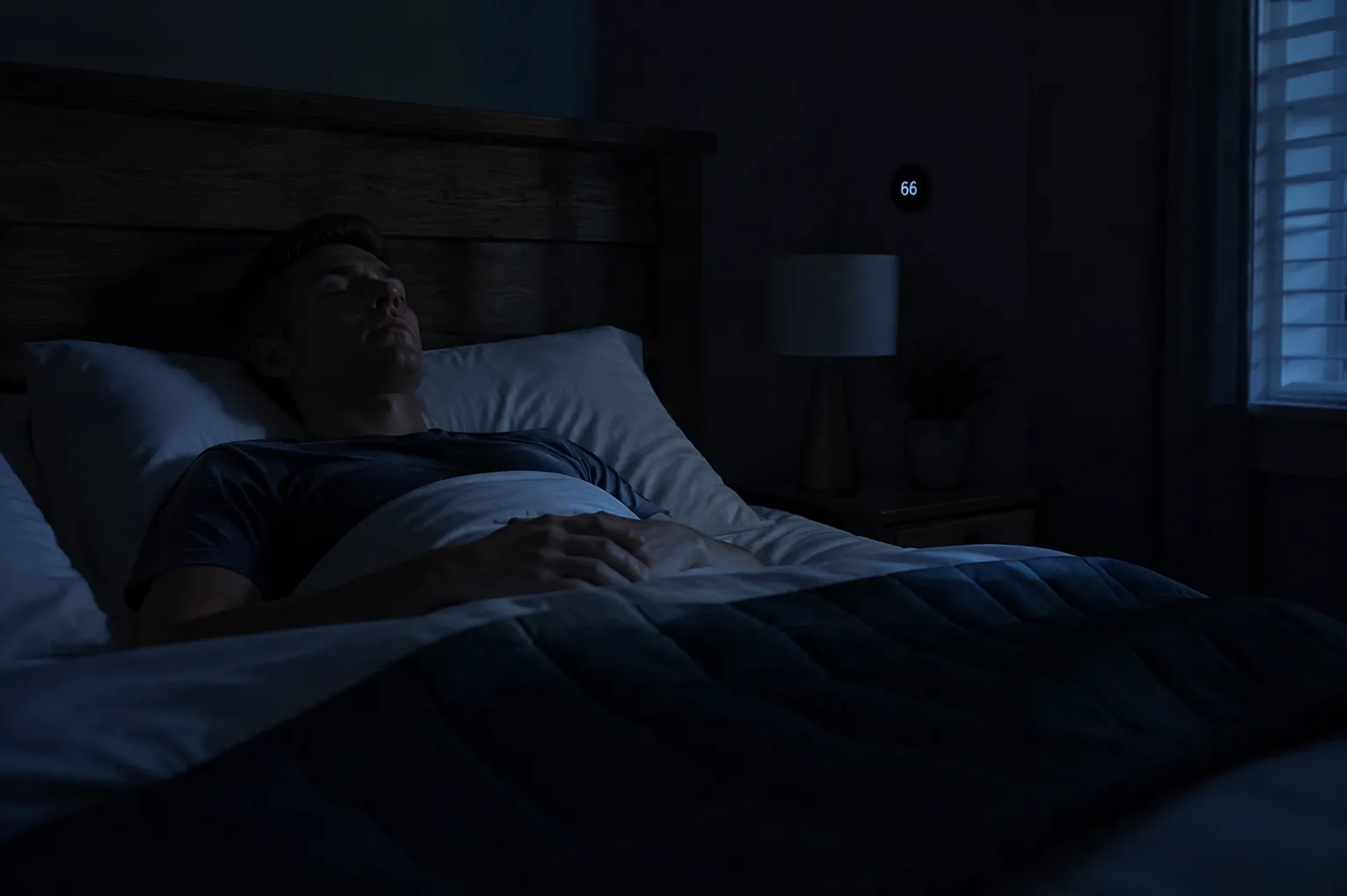 A cool dark bedroom with a thermostat showing 66°F and a person practicing deep breathing without screens