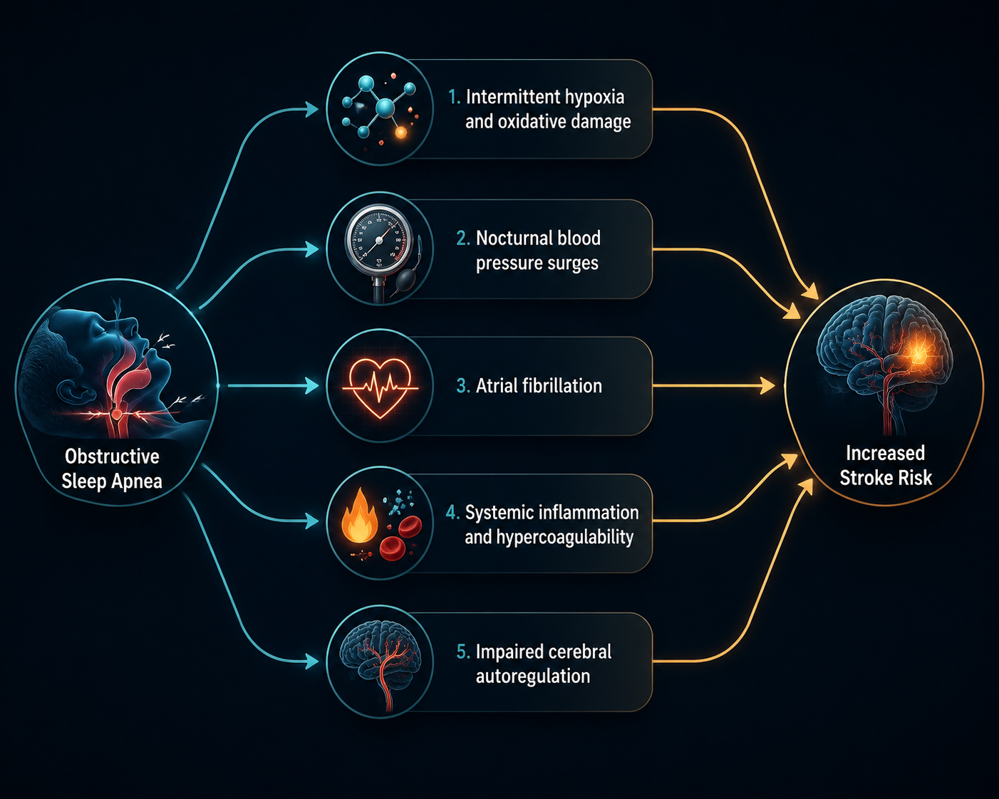 Diagram showing five pathways from obstructive sleep apnea to stroke