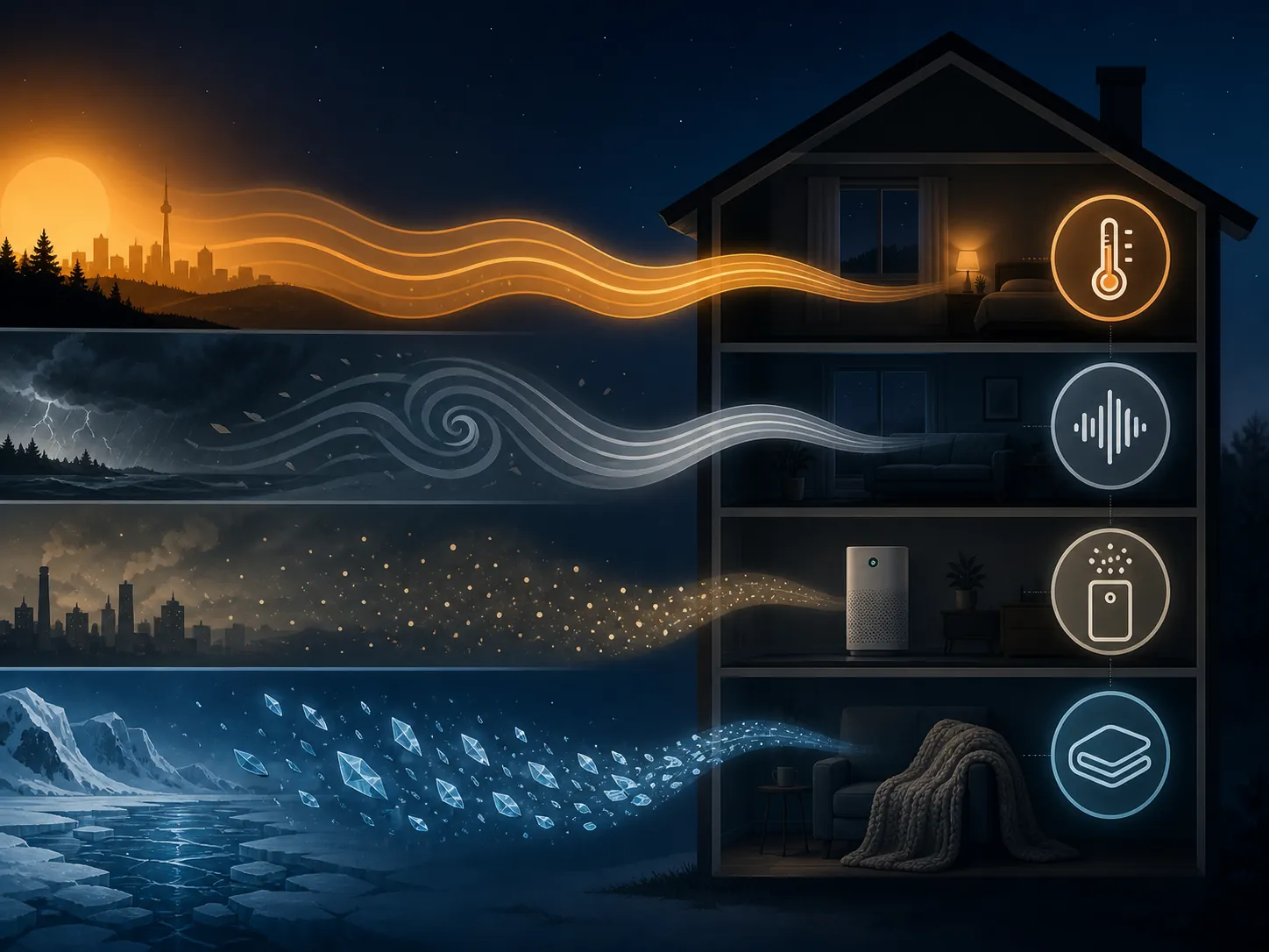 Four environmental sleep-disruption pathways leading to thermostat, sound, air purifier, and warm blanket solutions