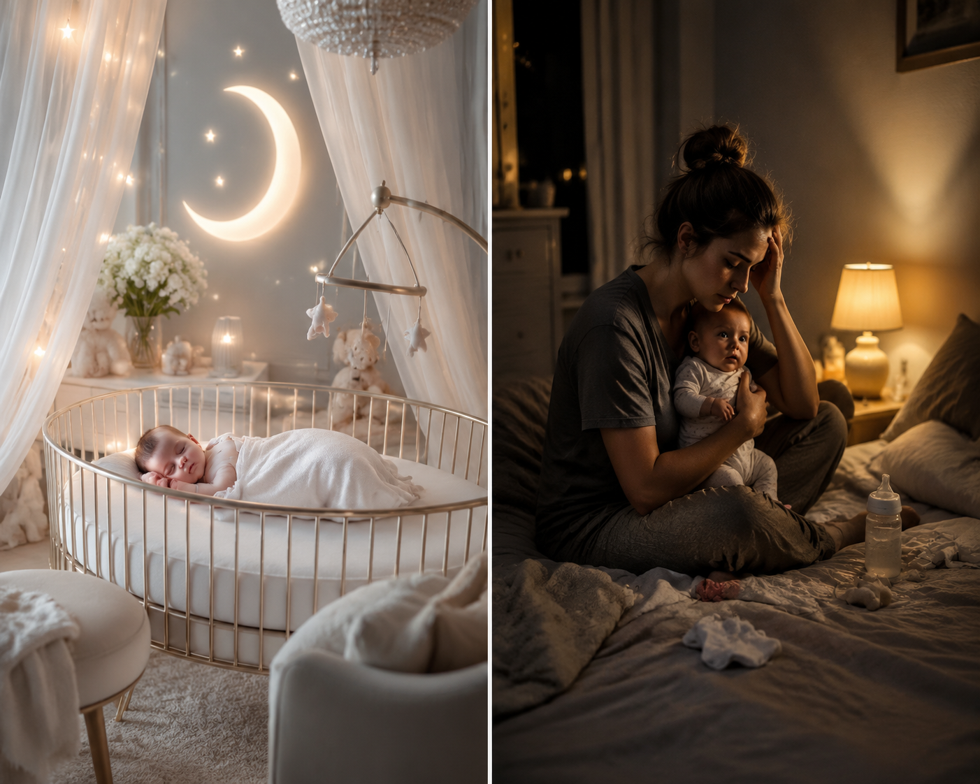 Split editorial image showing a dreamy sleeping nursery on one side and a tired parent holding a wakeful baby at 3 a.m. on the other