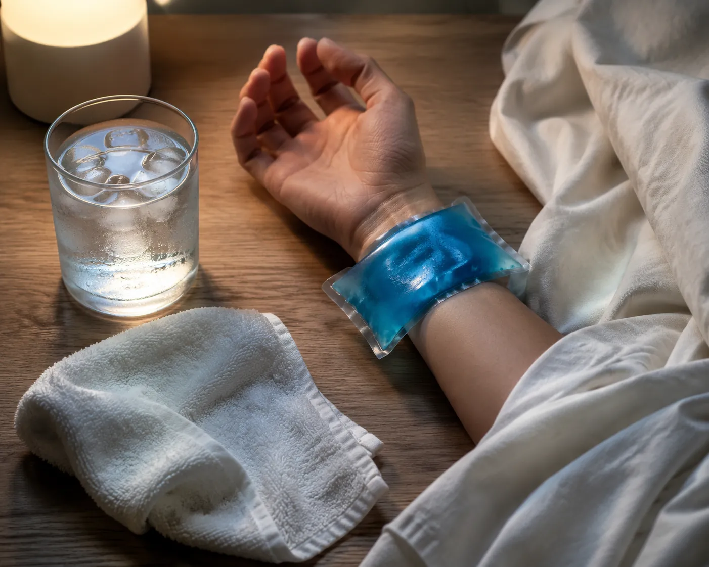 Ice water, gel pack, damp washcloth, and breathable cotton sheet arranged for nighttime cooling