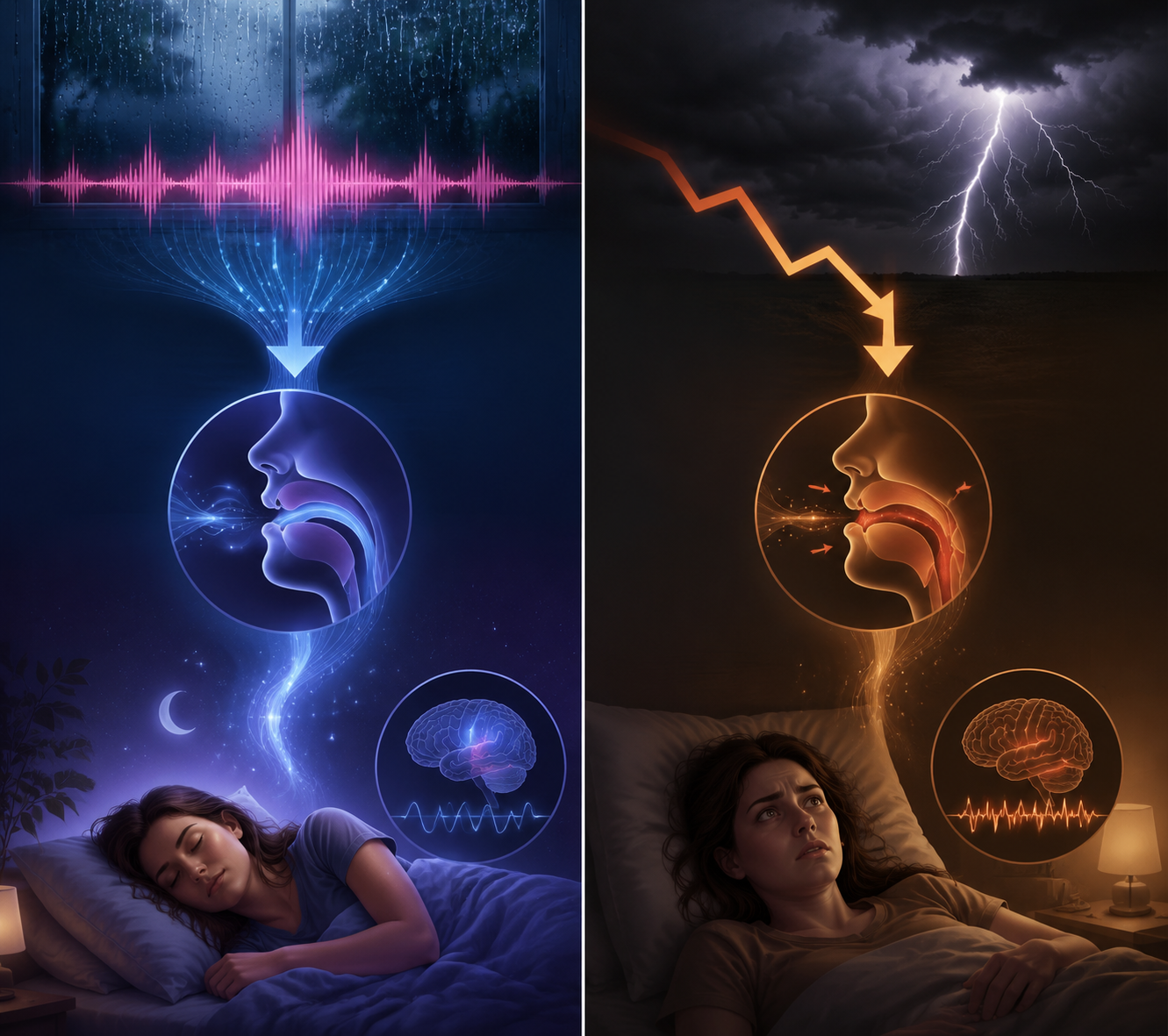 A split illustration of two sleep pathways during a storm, with pink-noise rain calming one side and pressure drop and anxiety disrupting the other.