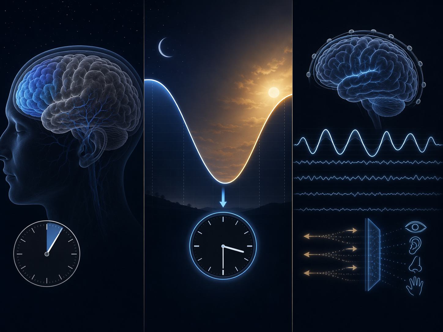 Scientific illustration of sleep inertia, circadian nadir, and N3 deep sleep as three factors affecting nighttime response