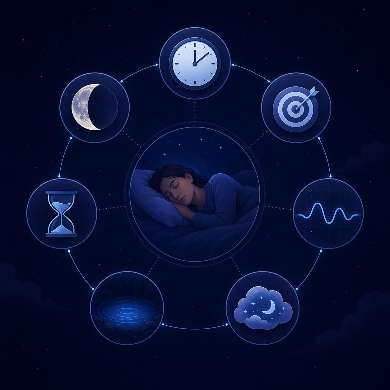 A radial diagram of seven sleep metrics around a central sleep score.