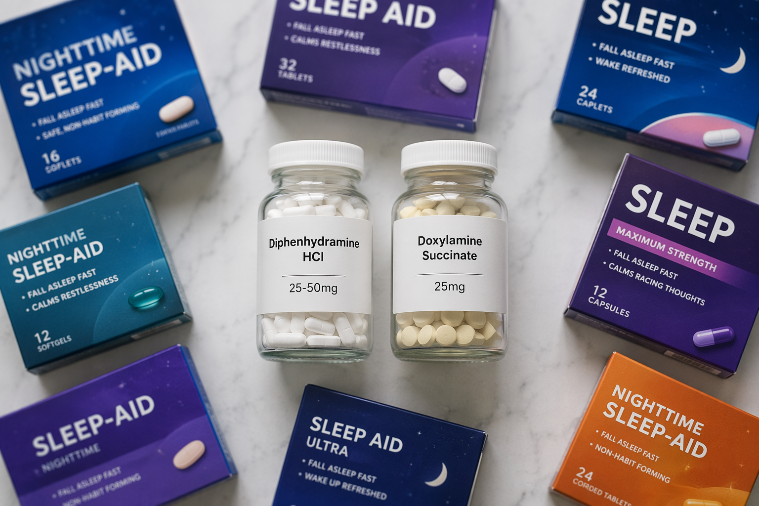 Drugstore sleep aid boxes surrounding two bottles labeled diphenhydramine HCl and doxylamine succinate