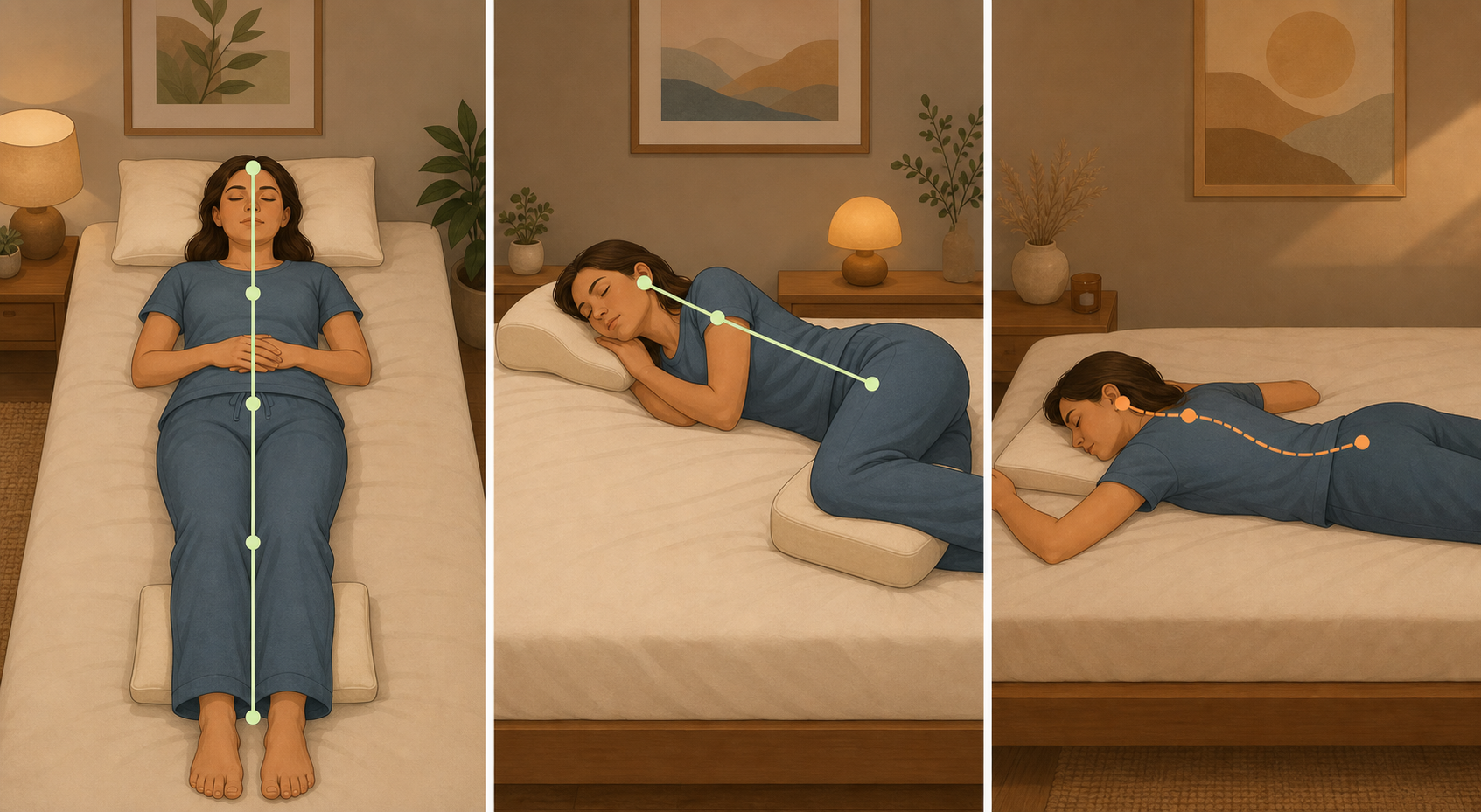 Three-panel comparison of sleep positions: back sleeping with knee support and vertical alignment, side sleeping with contoured pillow and knee pillow showing horizontal ear-to-hip alignment, and stomach sleeping with visible lower back arch and turned neck.