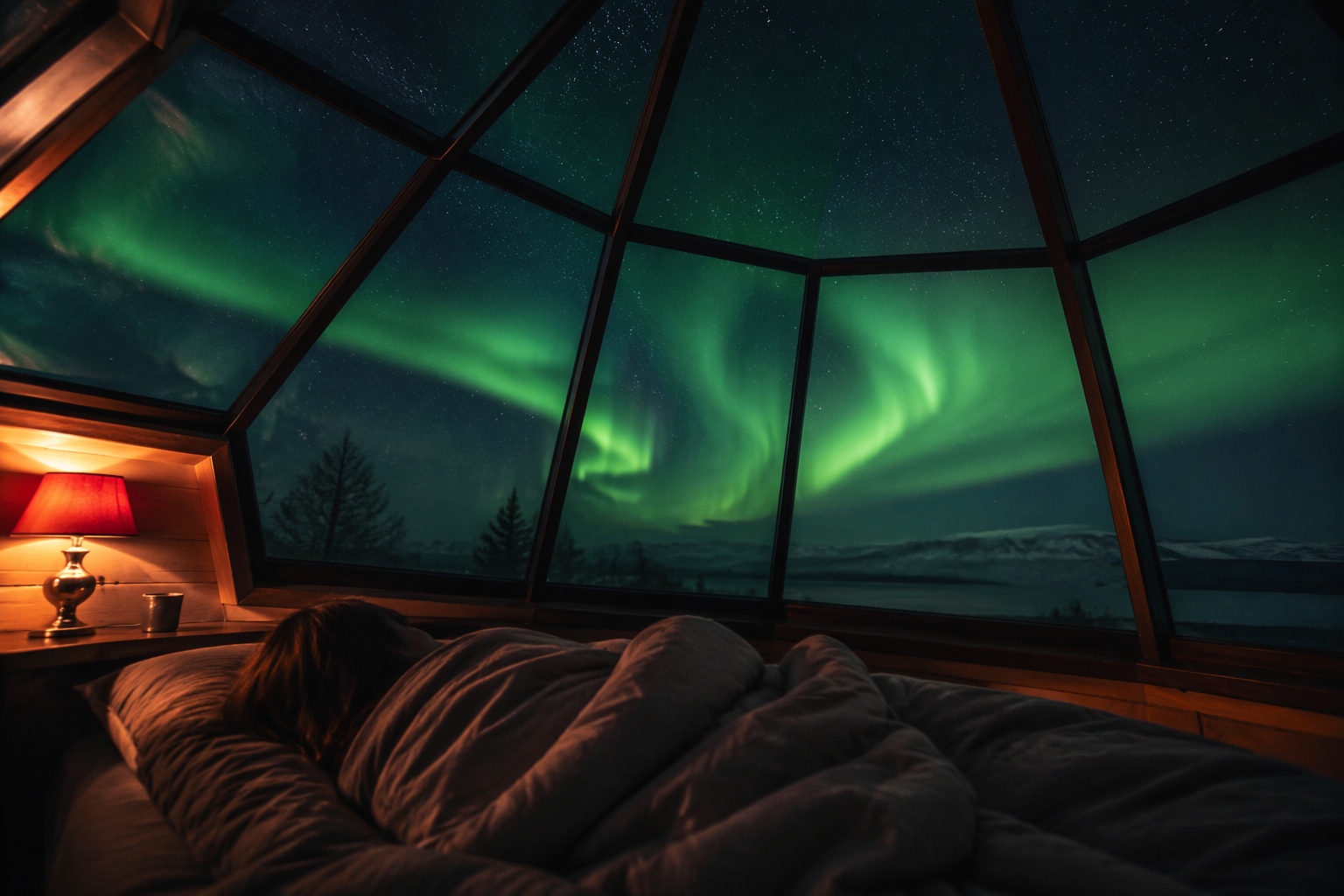 Person sleeping in a warm Arctic cabin while northern lights glow outside the window