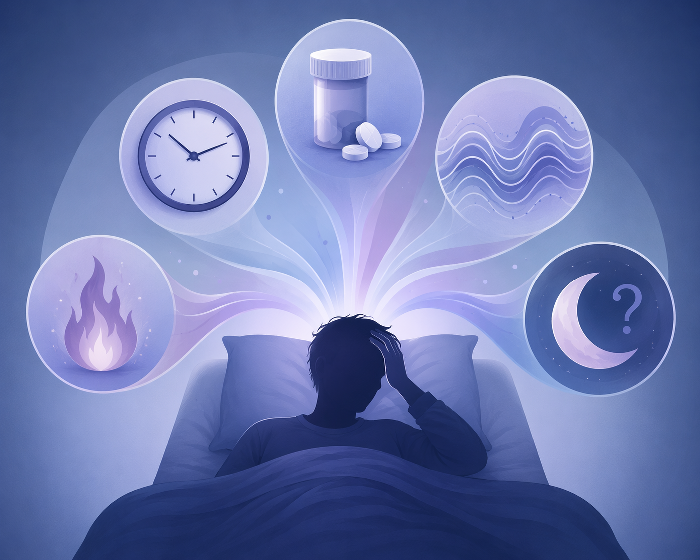 A restless person in bed surrounded by symbols of time, medication, inflammation, waves, and uncertainty