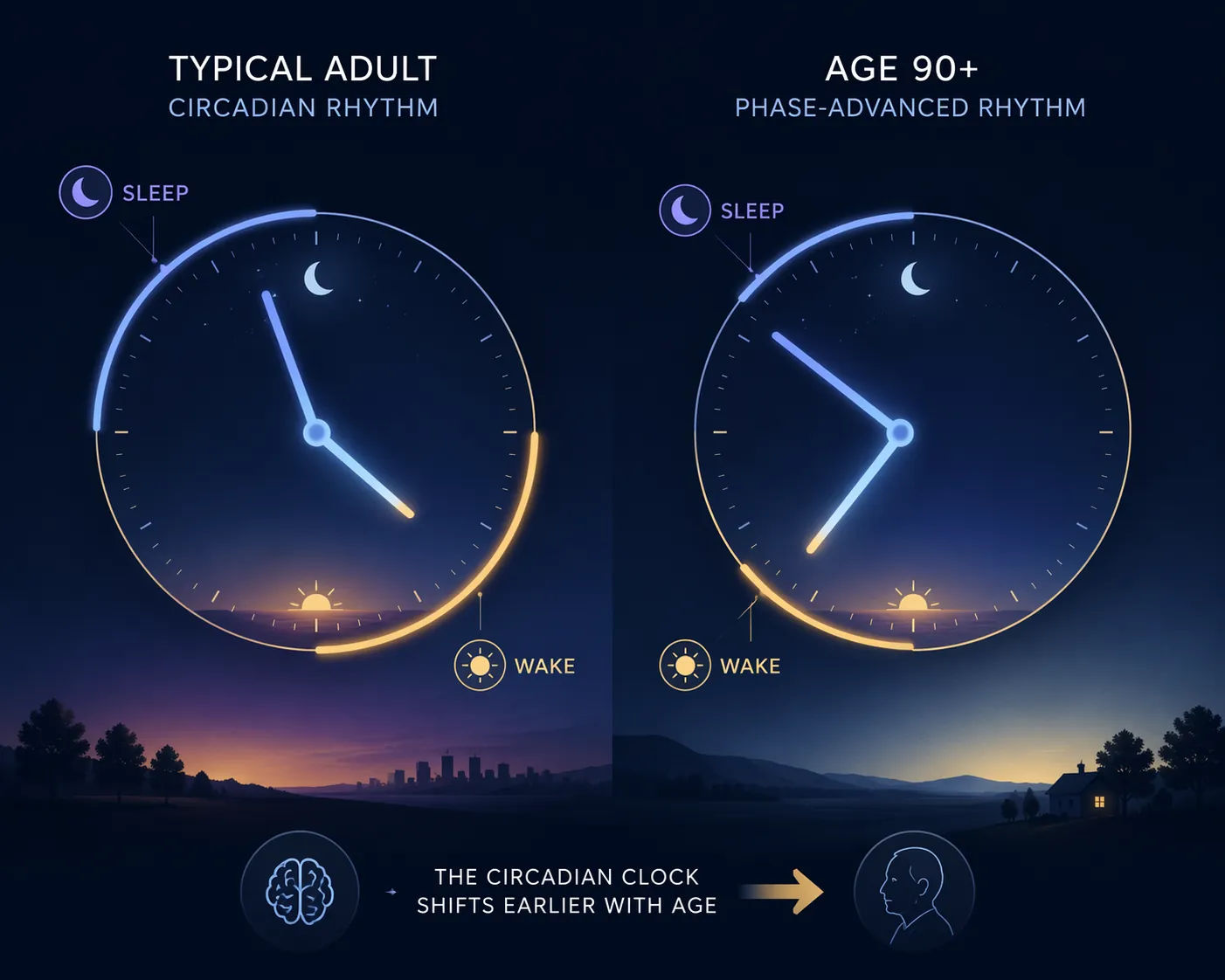 Clock comparison showing a typical adult sleep schedule and an earlier circadian pattern common after age 90