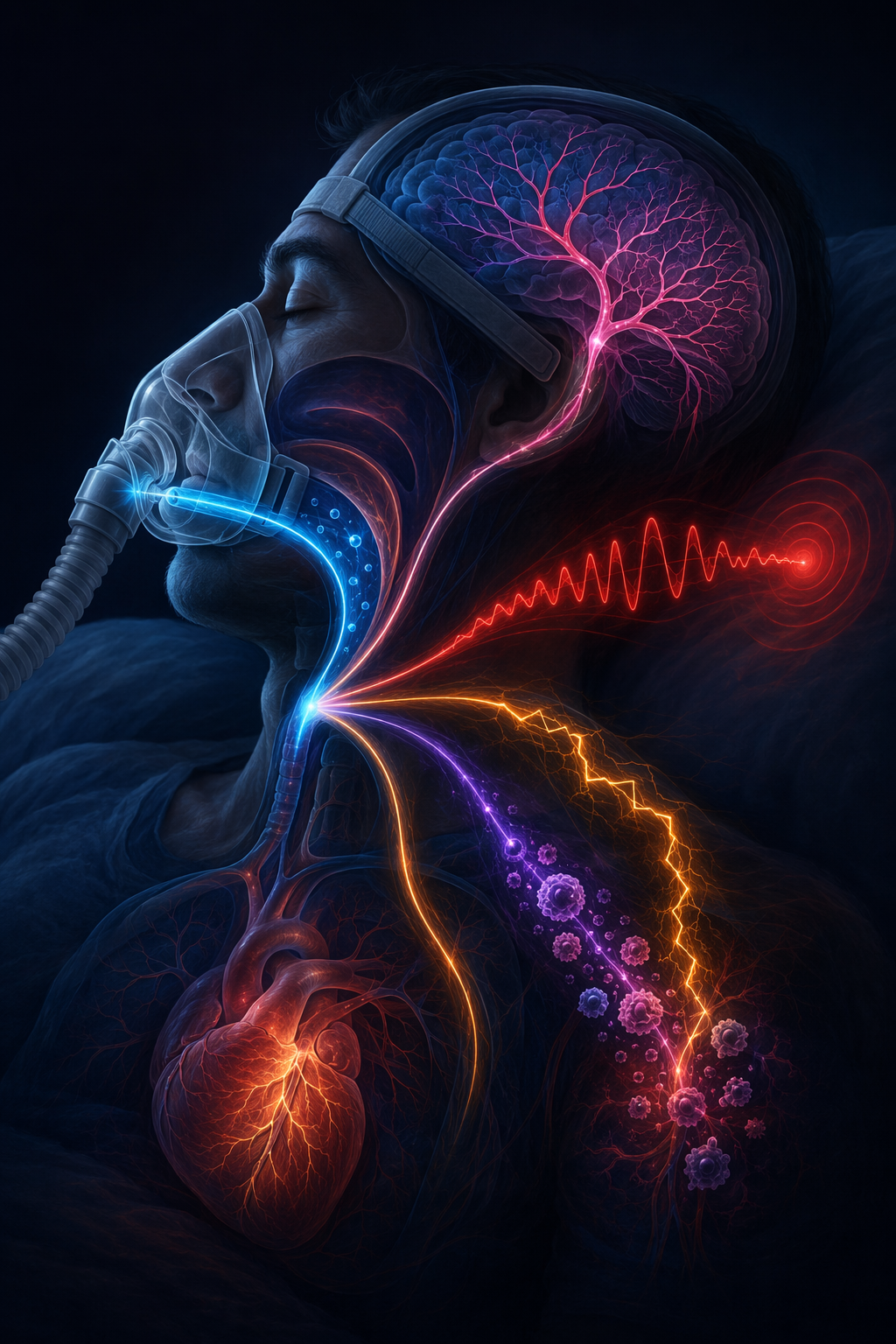 Sleeping person using CPAP with multiple pathways leading toward the brain and heart