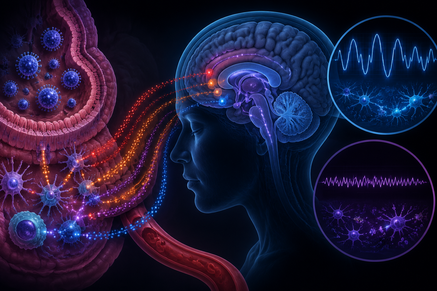 Scientific illustration of norovirus particles triggering cytokine signaling from the gut toward sleep centers in the brain