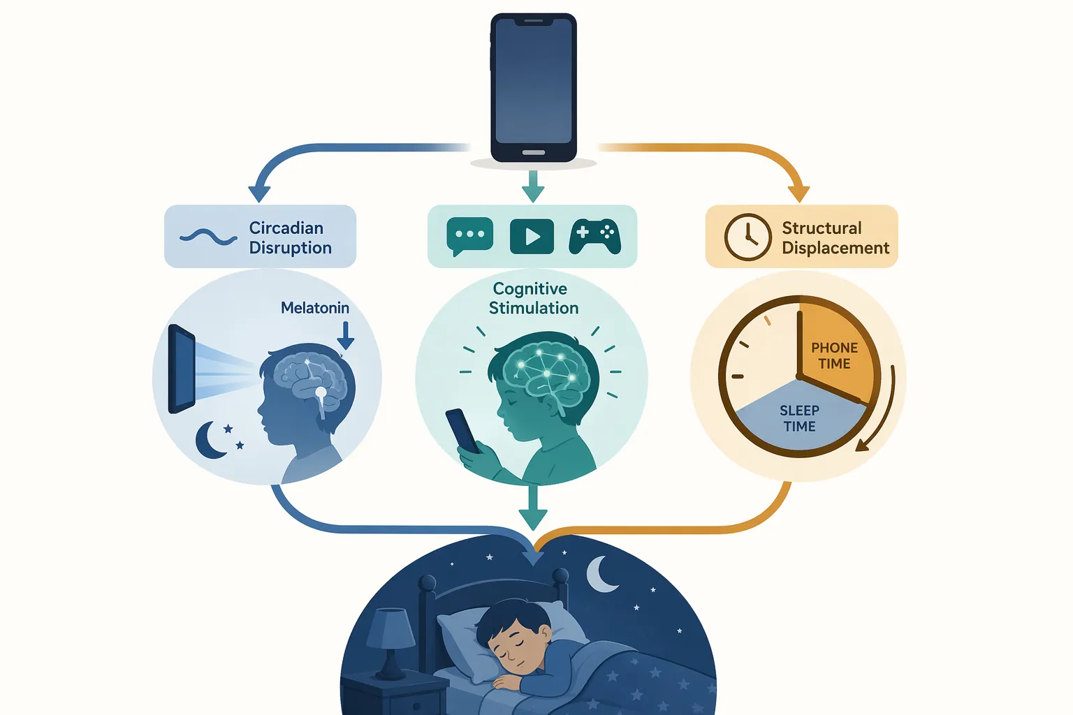 Infographic showing circadian disruption, cognitive stimulation, and structural displacement pathways from a smartphone to a sleeping child