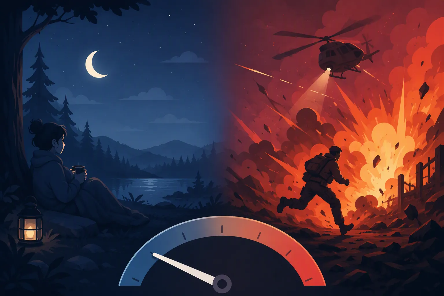 Split illustration comparing a calm animated forest with a bright explosive action scene to show low versus high emotional arousal