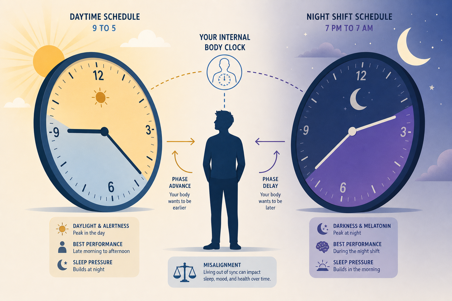 A human silhouette between two clock faces representing circadian misalignment.