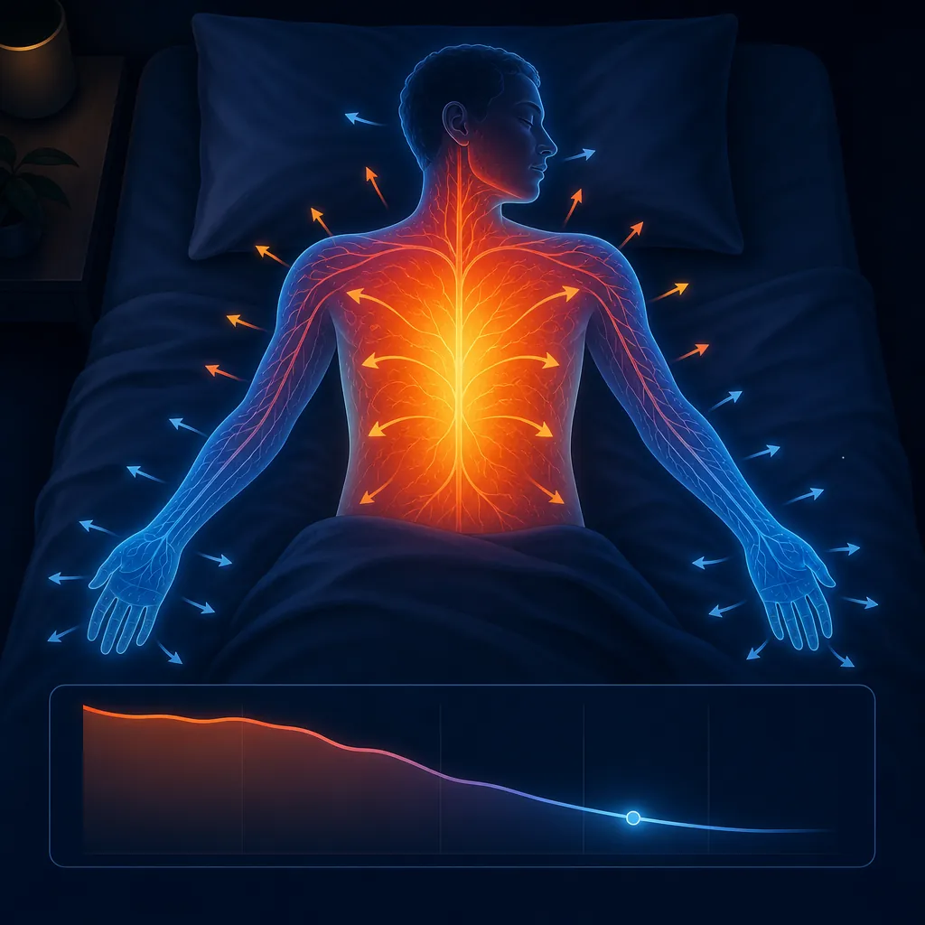 Illustration of body heat moving from the core toward the skin and extremities before sleep