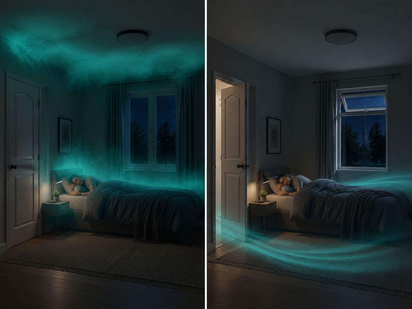 Comparison of a sealed bedroom with high carbon dioxide and a ventilated bedroom with lower carbon dioxide