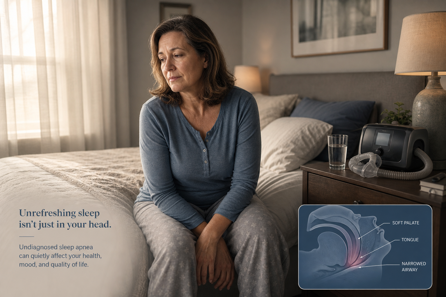 A woman in her mid-40s sits on the edge of a bed in early morning light, looking fatigued and reflective, with a CPAP device visible on the nightstand behind her.