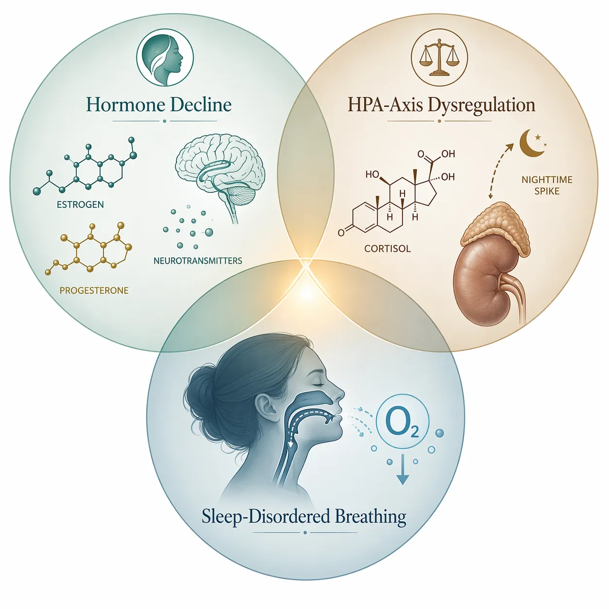 Venn diagram showing hormone decline, HPA-axis dysregulation, and sleep-disordered breathing