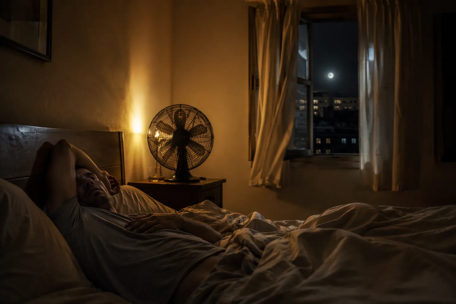 A warm, oppressive bedroom at night with a restless sleeper, fan, and open window during a heat wave