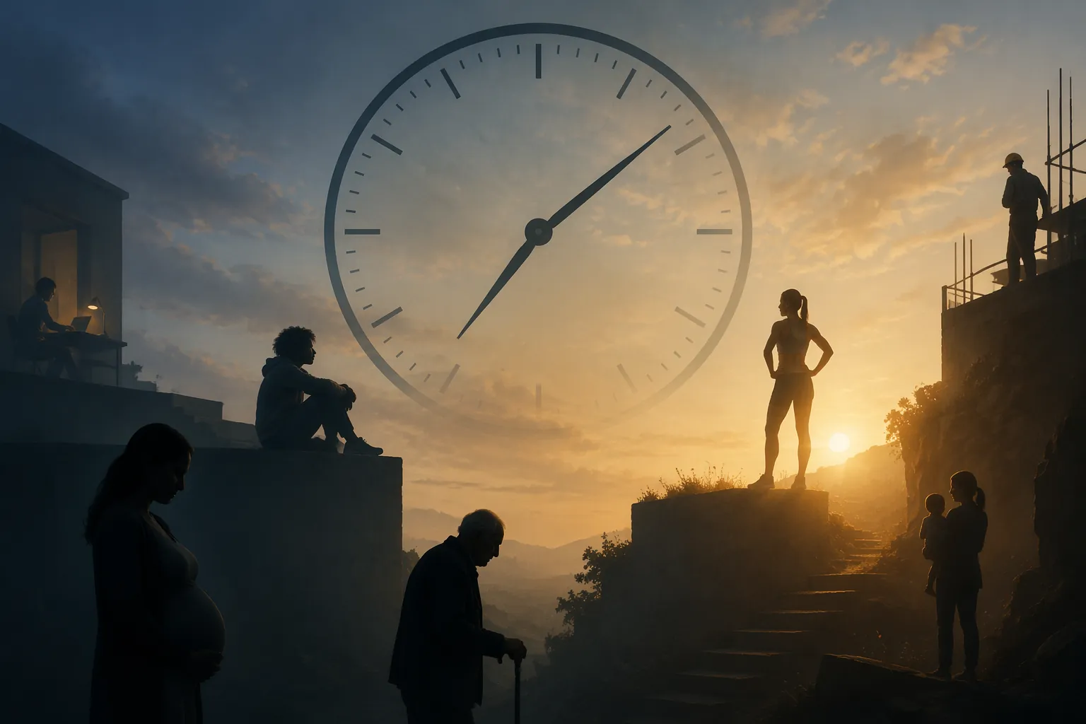 Analog clock over a dawn sky with silhouettes of people receiving unequal morning light