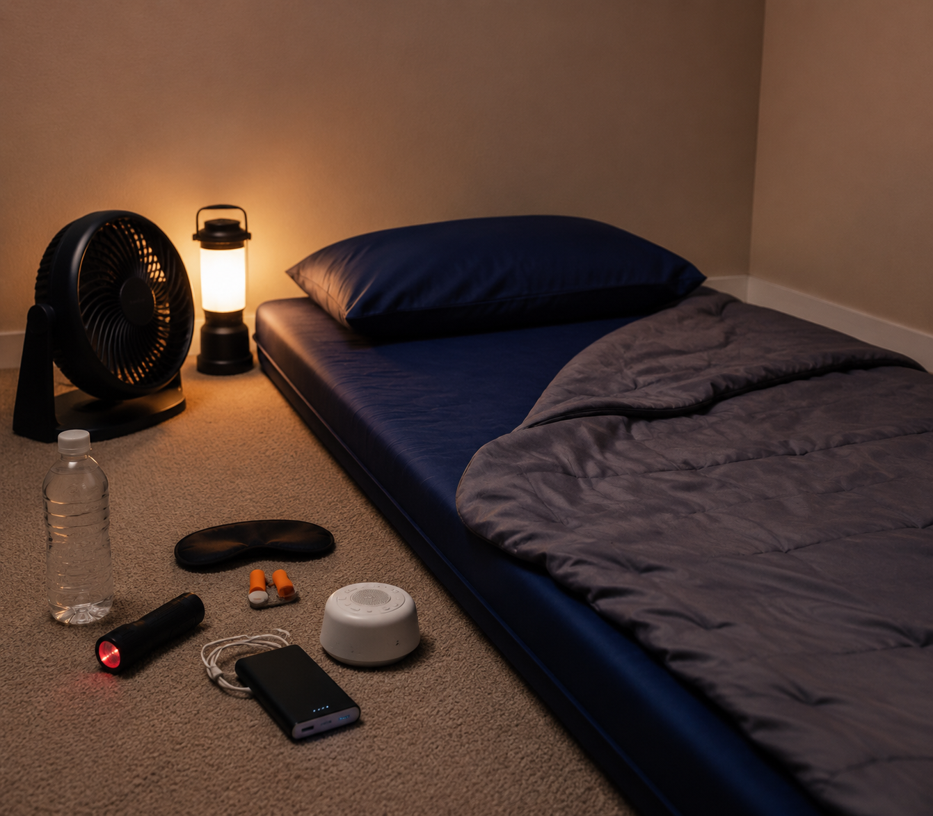 A well-organized interior safe room with a floor mattress, fan, flashlight, earplugs, eye mask, battery pack, white noise machine, and water bottle.